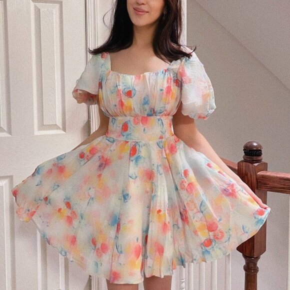 Rosemeera Dresses & Skirts - Floral Mini Dress with puff sleeves Spring